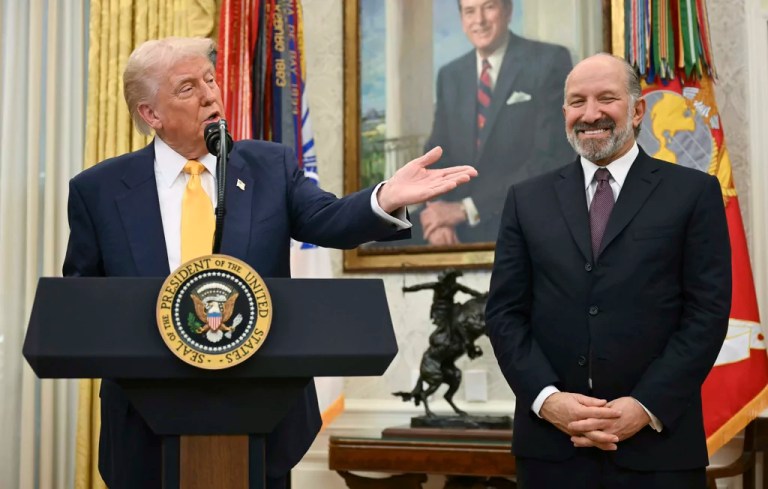 President Donald Trump speaks during a ceremonial swearing-in for Secretary of Commerce Howard Lutnick in the Oval Office of the White House in Washington, Friday, Feb. 21, 2025.