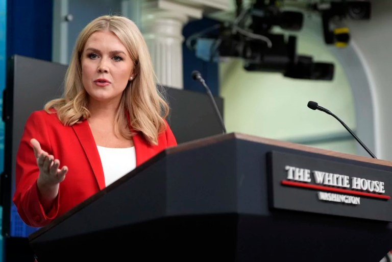 White House press secretary Karoline Leavitt speaks with reporters in the James Brady Press Briefing Room at the White House, Tuesday, Feb. 25, 2025, in Washington.