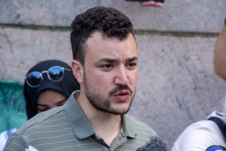 Student negotiator Mahmoud Khalil is on the Columbia University campus in New York at a pro-Palestinian protest encampment on April 29, 2024.
