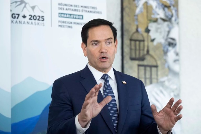 US Secretary of State Marco Rubio speaks with reporters following the G7 foreign ministers meeting in La Malbaie, Quebec, Canada, on Friday, March 14, 2025.
