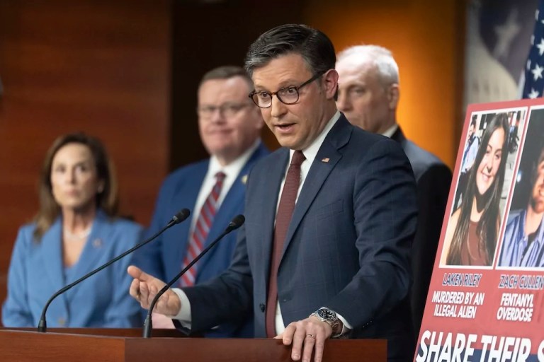 House Speaker Mike Johnson (R-LA) with House Republican Conference Chairwoman Lisa McClain, from left, Rep. Tim Moore (R-NC), and House Majority Leader Steve Scalise (R-LA), speaks during a news conference at the Capitol, Tuesday, Feb. 25, 2025, in Washington.