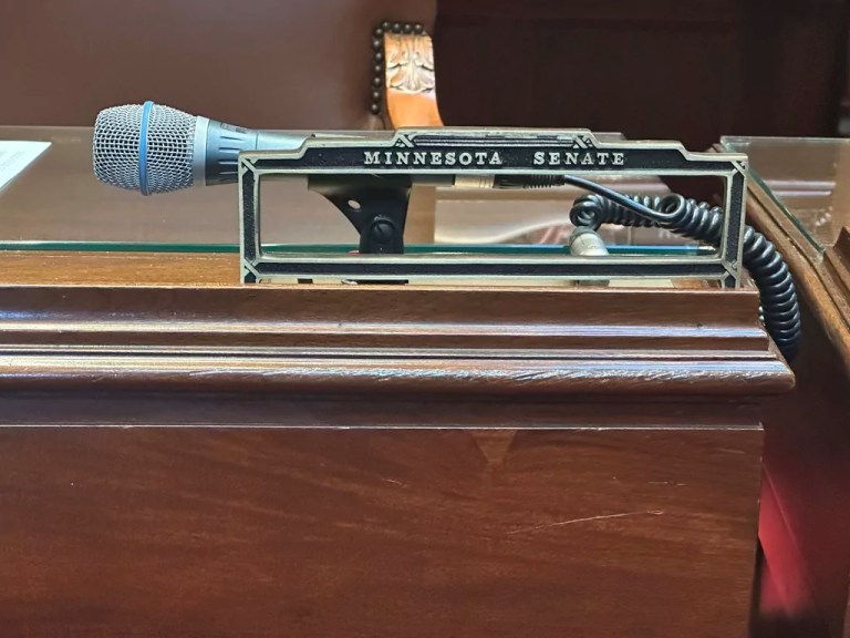 The nameplate stands empty on the desk that belonged to Republican Justin Eichorn, who resigned earlier, Thursday, March 20, 2025, in the Minnesota Senate chamber in the state Capitol in Saint Paul, Minnesota.