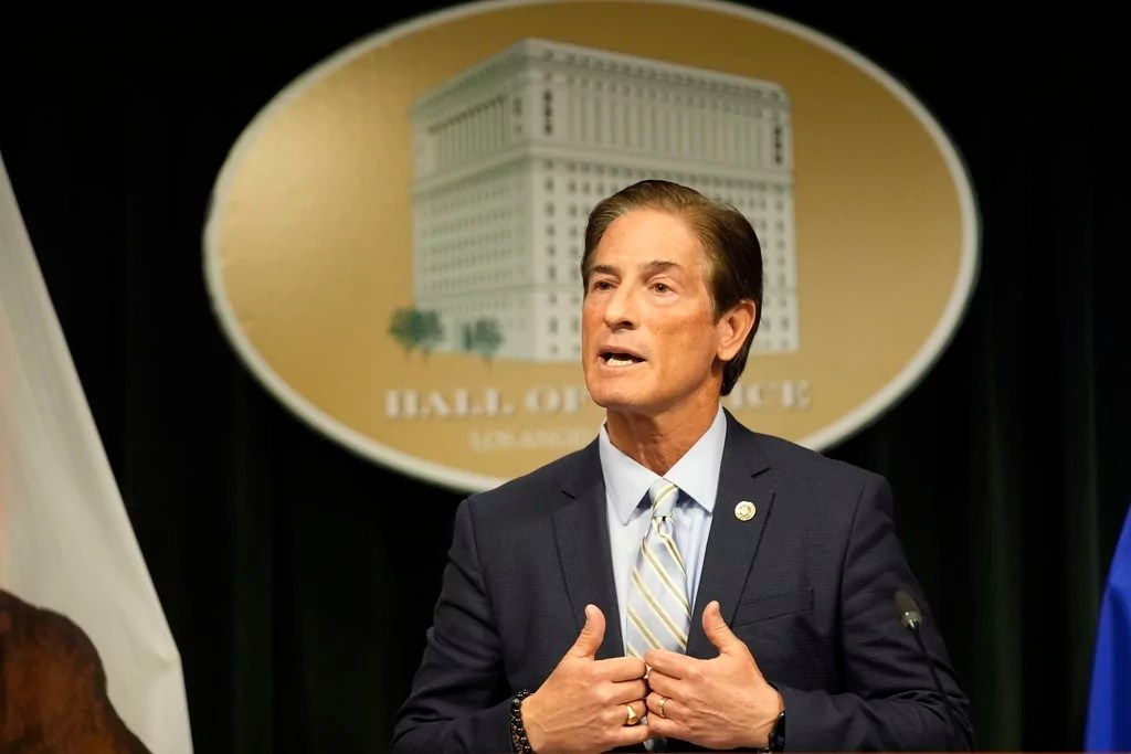 Los Angeles County District Attorney Nathan Hochman gives a news conference about the Menendez brothers case in Los Angeles, Monday, March 10, 2025.