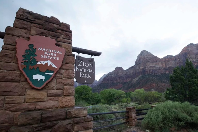 A sign hangs at Zion National Park near Springdale, Utah.