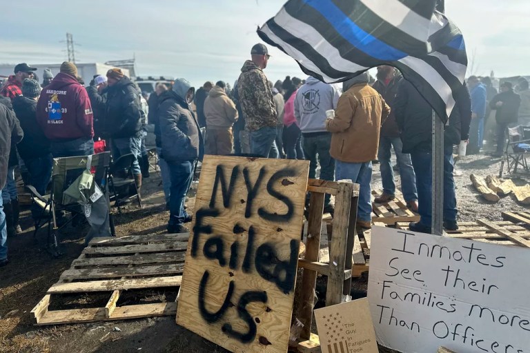 Correctional officers and their supporters demonstrate in sight of Coxsackie Correctional Facility in the Hudson Valley., Monday, Feb. 24, 2025, in Coxsackie, N.Y.