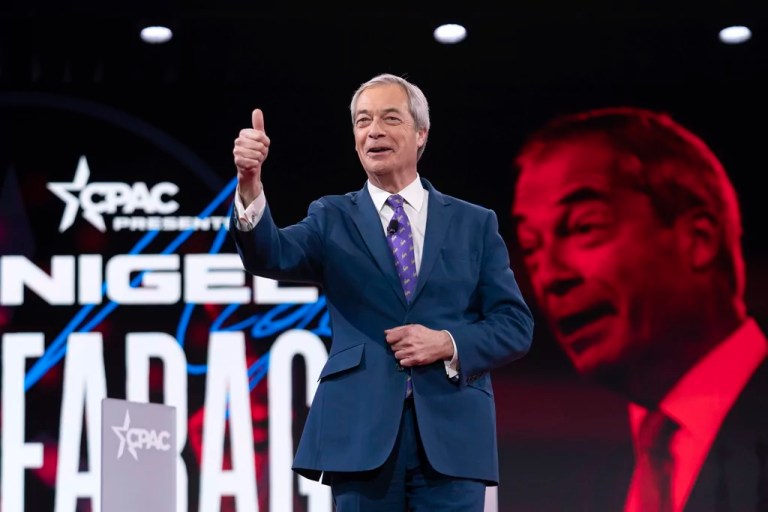 Nigel Farage speaks at the Conservative Political Action Conference, CPAC, at the Gaylord National Resort & Convention Center, Thursday, Feb. 20, 2025, in Oxon Hill, Md.