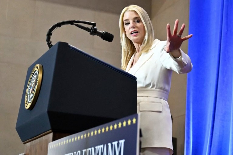 Attorney General Pam Bondi speaks before President Donald Trump at the Justice Department in Washington, Friday, March 14, 2025.