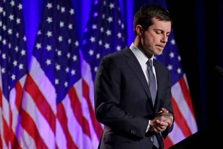 Democratic presidential candidate South Bend, Ind. Mayor Pete Buttigieg delivers a Veterans Day address at a campaign event, Monday, Nov. 11, 2019, in Rochester, N.H.