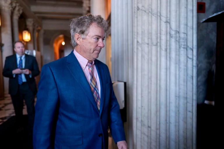 Sen. Rand Paul (R-KY) arrives as Republicans hold a closed-door meeting after blocking a bipartisan border package that had been tied to wartime aid for Ukraine, at the Capitol in Washington, Thursday, Feb. 8, 2024.