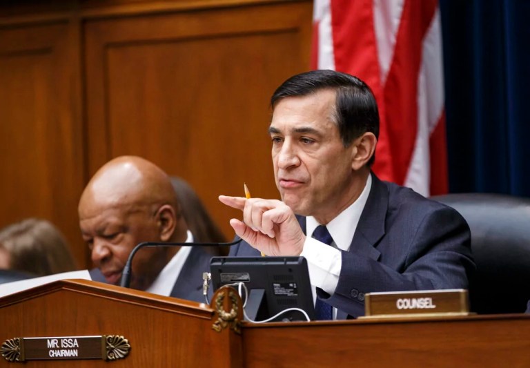 House Oversight Committee Chairman Rep. Darrell Issa, R-Calif., right, with the committee's ranking member, Rep. Elijah Cummings, D-Md., continues his probe of whether tea party groups were improperly targeted for increased scrutiny by the Internal Revenue Service as the panel questions IRS Commissioner John Koskinen,Wednesday, March 26, 2014, during a hearing on Capitol Hill in Washington. Earlier this month, IRS official Lois Lerner was called to testify about the controversy but refused to answer questions and invoked her Fifth Amendment rights at least nine times. (AP Photo/J. Scott Applewhite)