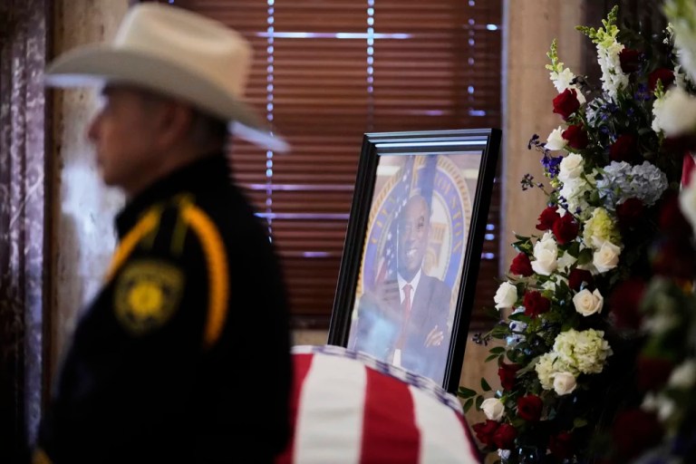 A photo of Rep. Sylvester Turner (D-TX) is displayed as his remains lie in state at Houston City Hall, Tuesday, March 11, 2025, in Houston.