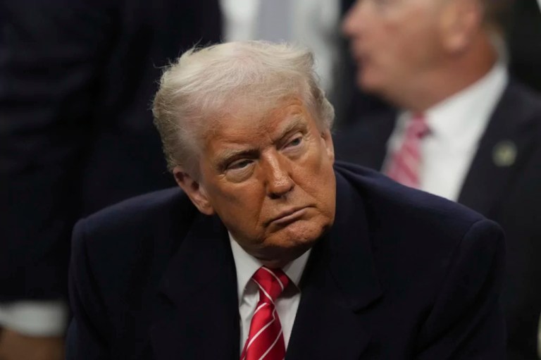 President Donald Trump attends the finals at the NCAA wrestling championship, Saturday, March 22, 2025, in Philadelphia. (AP Photo/Matt Rourke)