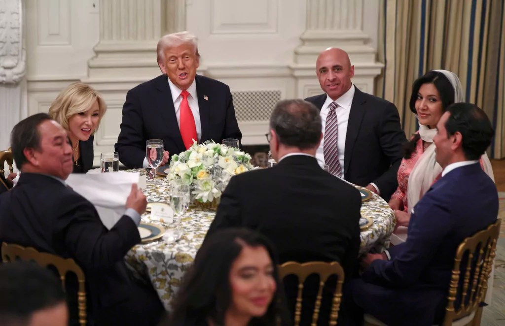 President Donald Trump attends the White House Iftar dinner in the State Dining Room of the White House in Washington, Thursday, March 27, 2025. 