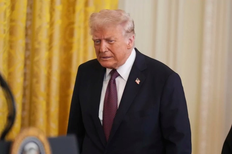 President Donald Trump arrives at a reception celebrating Greek Independence Day in the East Room of the White House, Monday, March 24, 2025, in Washington.