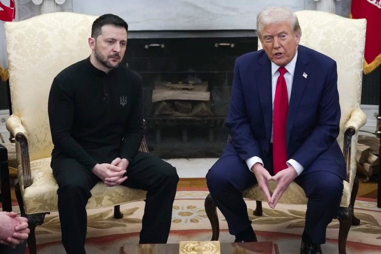 President Donald Trump, right, meets with Ukrainian President Volodymyr Zelenskyy in the Oval Office at the White House.