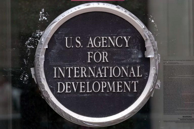 The sign of the former U.S. Agency for International Development is seen at the former building in Washington, D.C., Feb. 27, 2025.