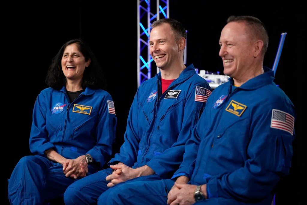 Astronauts Suni Williams, from left, Nick Hague, and Butch Wilmore are interviewed at Johnson Space Center on Monday, March 31, 2025, in Houston.