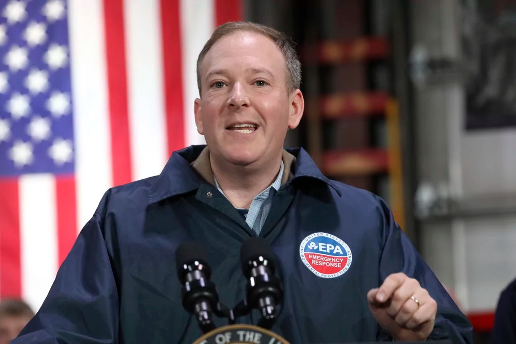 EPA Administrator Lee Zeldin speaks as Vice President JD Vance visits the East Palestine Fire Department in East Palestine, Ohio, Monday, Feb. 3, 2025. 