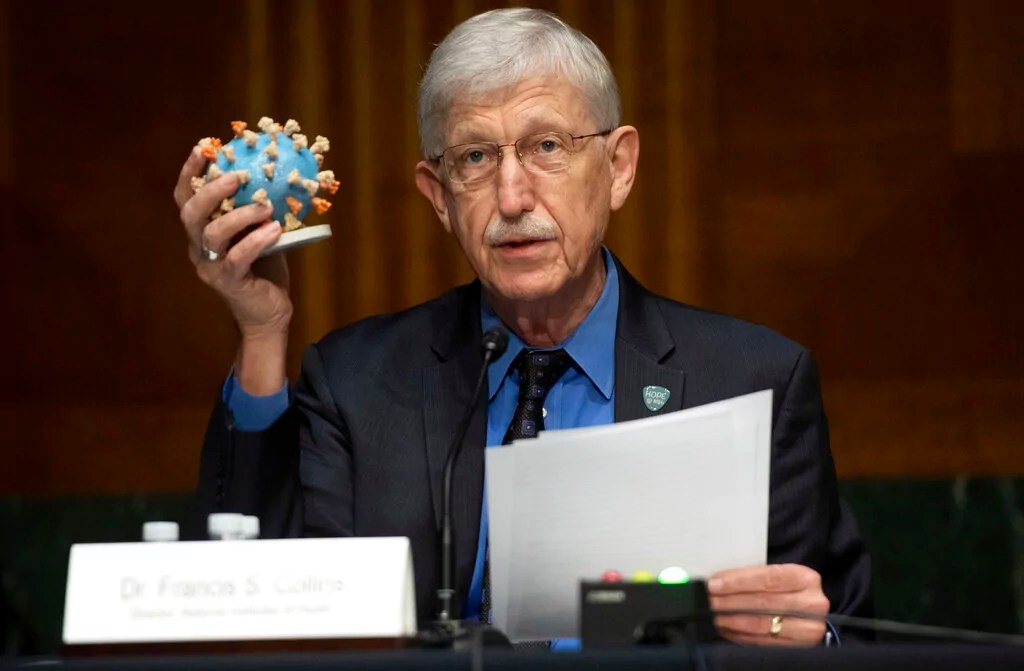 Dr. Francis Collins, then-Director of the National Institutes of Health (NIH), holds up a model of COVID-19, known as coronavirus, during a Senate Appropriations subcommittee hearing on July 2, 2020, on Capitol Hill in Washington.
