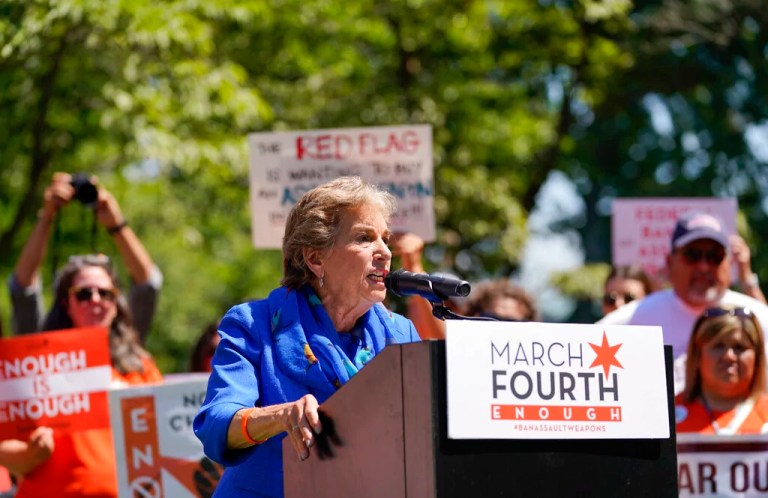 Rep. Jan Schakowsky (D-IL) speaks at a rally held by March Fourth near the Capitol, Wednesday, July 13, 2022, in Washington, that was calling for universal background checks for guns and an assault weapons ban in the wake of continued mass shootings.