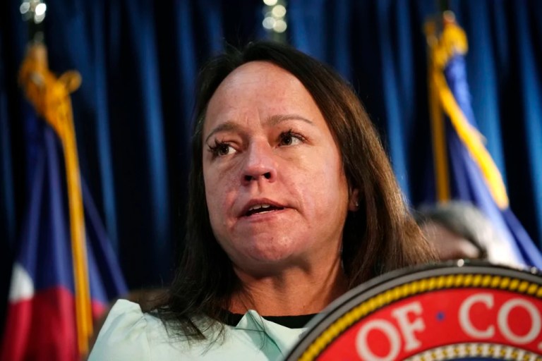 Colorado Sen. Faith Winter speaks before Gov. Jared Polis (D-CO) signs three bills that enshrine protections for abortion and gender-affirming care procedures and medications during a ceremony with bill sponsors and supporters Friday, April 14, 2023, in the State Capitol in Denver.