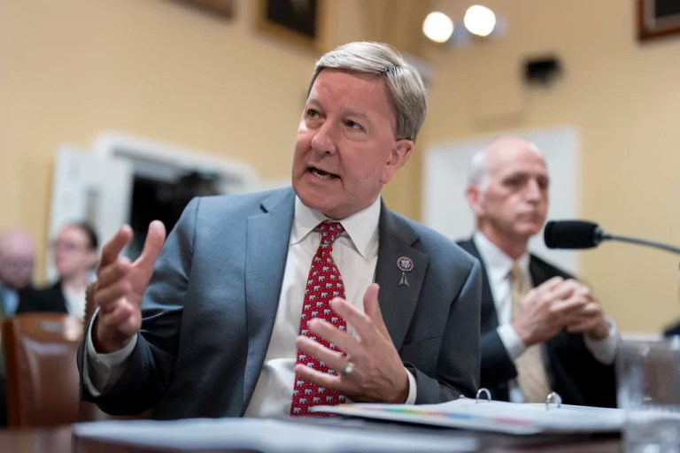 House Armed Services Chairman Mike Rogers (R-AL) and Rep. Adam Smith (D-WA), right, the ranking member, make statements as the House Rules Committee prepares to advance the fiscal 2024 National Defense Authorization Act, at the Capitol in Washington, Tuesday, June 11, 2024.