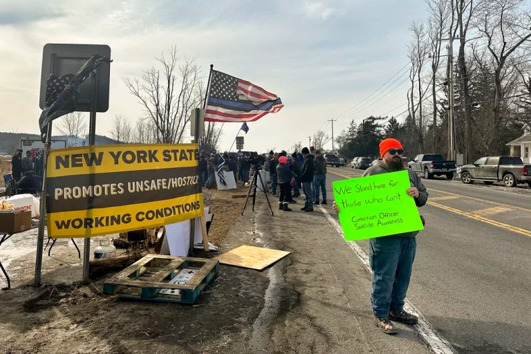Correctional officers and their supporters demonstrate in sight of Coxsackie Correctional Facility in the Hudson Valley., Monday, Feb. 24, 2025, in Coxsackie, N.Y.