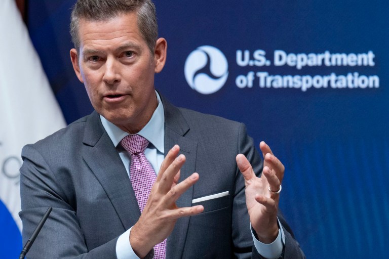 Transportation Secretary Sean Duffy speaks during a news conference following up on the issuance of the National Transportation Safety Board preliminary report on the mid-air collision near Ronald Reagan Washington National Airport, Tuesday, March 11, 2025, at the Department of Transportation in Washington.