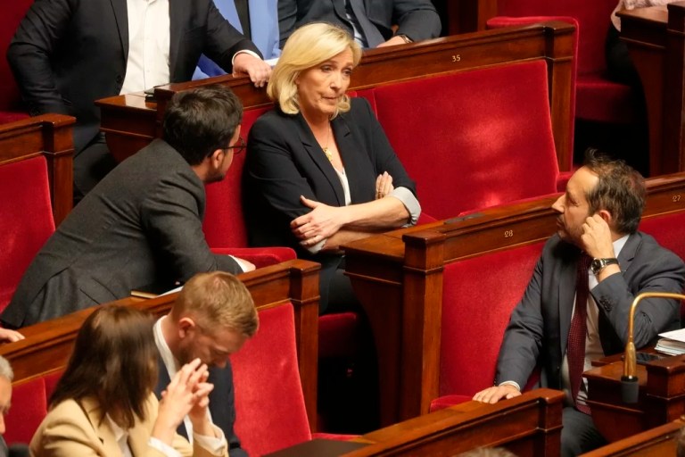 French right-wing leader Marine Le Pen reacts at the National Assembly during a session, Tuesday, April 1, 2025, in Paris.