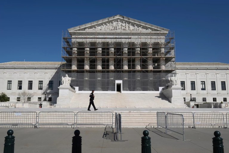 Construction scaffolding is in place at the Supreme Court Tuesday, April 1, 2025, in Washington.