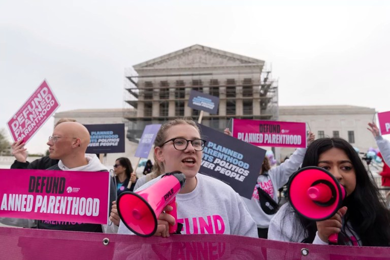 Anti-abortion demonstrators rally outside the Supreme Court in Washington, Wednesday, April 2, 2025.
