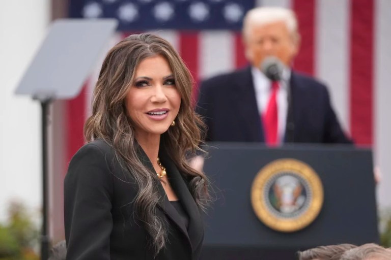 Homeland Security Secretary Kristi Noem is recognized as President Donald Trump speaks during an event to announce new tariffs in the Rose Garden at the White House, Wednesday, April 2, 2025, in Washington.