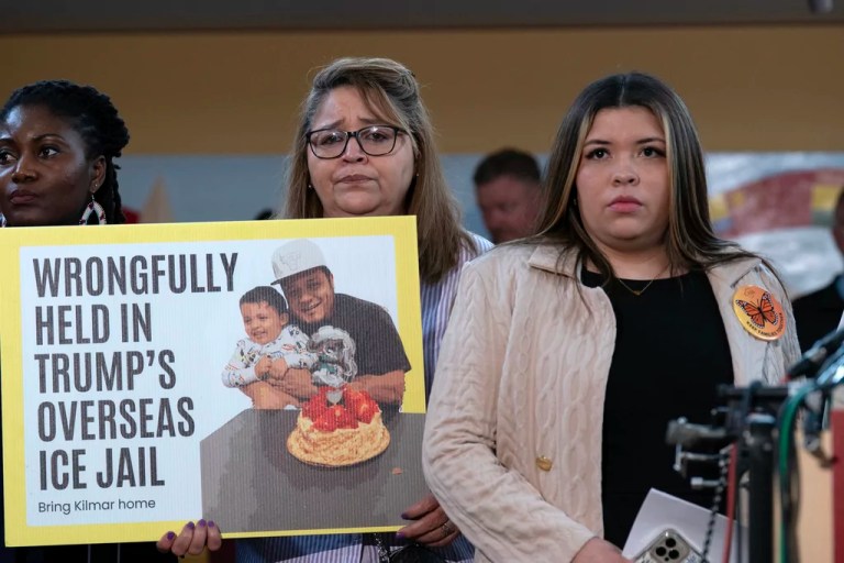 Jennifer Vasquez Sura, the wife of Kilmar Abrego Garcia of Maryland, who was mistakenly deported to El Salvador, right, stands with supporters during a news conference at CASA's Multicultural Center in Hyattsville, Md., Friday, April 4, 2025. (AP Photo/Jose Luis Magana)