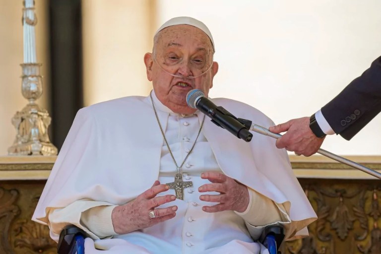 Pope Francis speaks to the faithful at the end of a mass in St. Peter's Square at The Vatican, Sunday, April 6, 2025, part of the jubilee of the sick and the health workers.