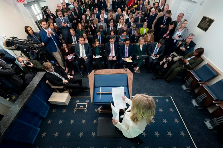 White House press secretary Karoline Leavitt arrives to speak with reporters in the James Brady Press Briefing Room at the White House, Tuesday, April 8, 2025, in Washington, D.C.