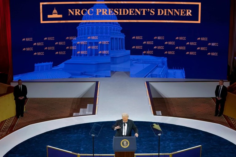 President Donald Trump speaks at the National Republican Congressional Committee dinner at the National Building Museum in Washington, Tuesday, April 8, 2025.