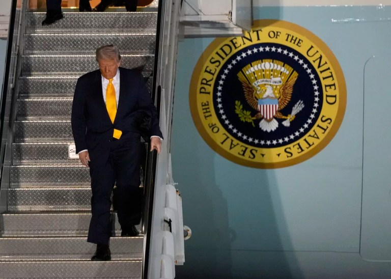 President Donald Trump arrives on Air Force One at Miami International Airport