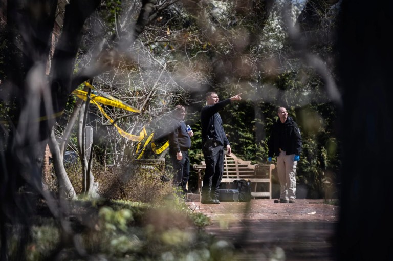 Police investigate Gov. Josh Shapiro's (D-PA) residence after someone set fire to the building on Sunday, April 13, 2025 in Harrisburg, Pennsylvania.