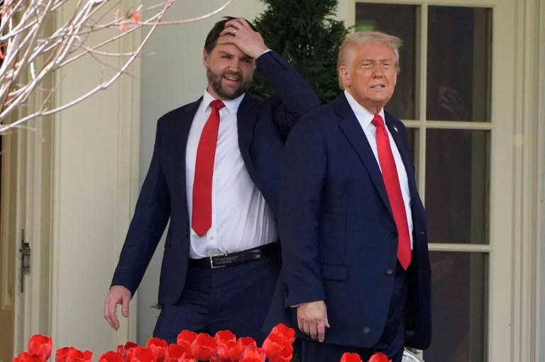 President Donald Trump and Vice President JD Vance pause near the Oval Office after an event to welcome the 2025 College Football National Champions, the Ohio State University football team, on the South Lawn of the White House, Monday, April 14, 2025, in Washington.