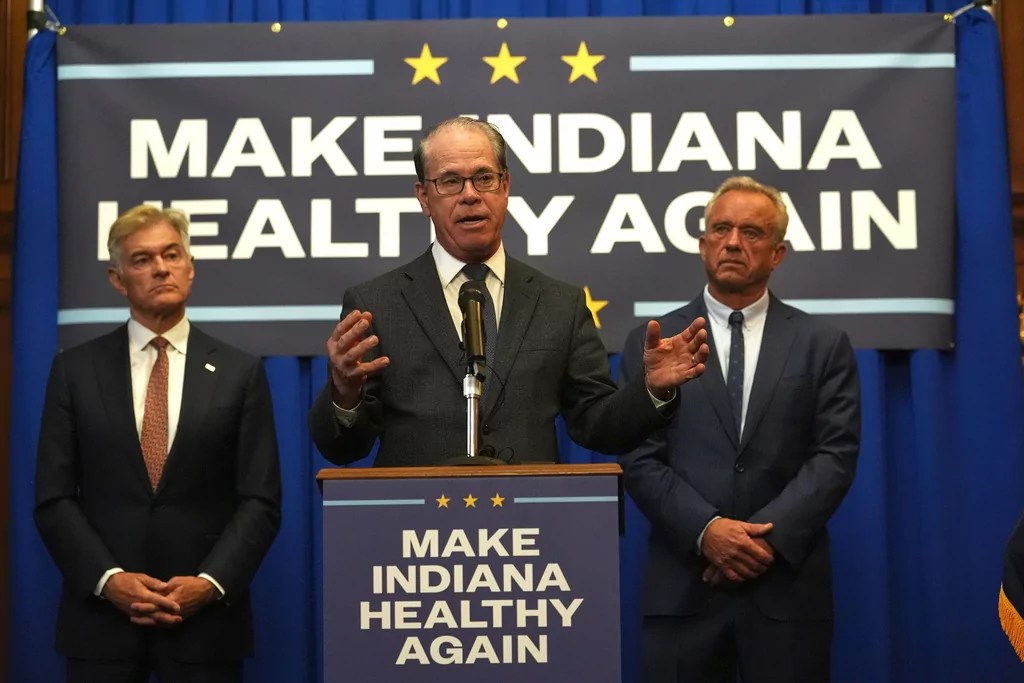 Indiana Governor Mike Braun is joined by U.S. Health and Human Services Secretary Robert F. Kennedy, Jr and Centers for Medicare and Medicaid Services Administrator Dr. Mehmet Oz as he announces his Make Indiana Healthy Again initiative in Indianapolis, Tuesday, April 15, 2025.