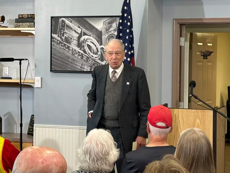 Sen. Chuck Grassley (R-IA) takes questions at a town hall in Fort Madison, Iowa, Tuesday, April 15, 2025.