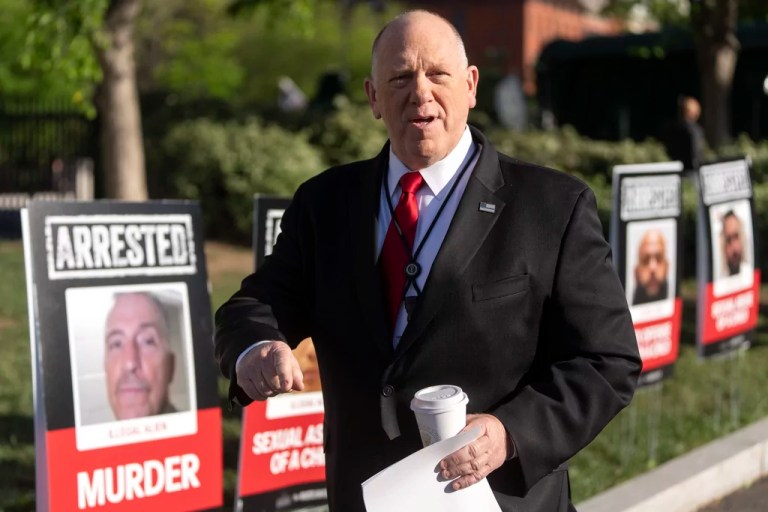 White House border czar Tom Homan walks off following a television interview at the White House, Monday, April 28, 2025, in Washington. (AP Photo/Mark Schiefelbein)