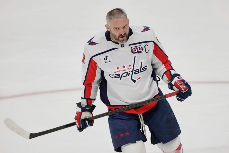 Washington Capitals left wing Alex Ovechkin warms up before an NHL hockey game against the New York Islanders in Elmont, New York, Sunday, April 6, 2025.