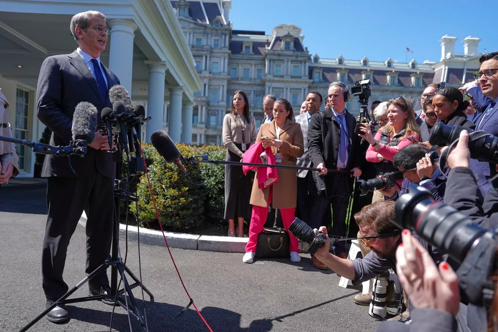Treasury Secretary Scott Bessent speaks with reporters outside the West Wing of the White House, Wednesday, April 9, 2025, in Washington. (AP Photo/Evan Vucci)