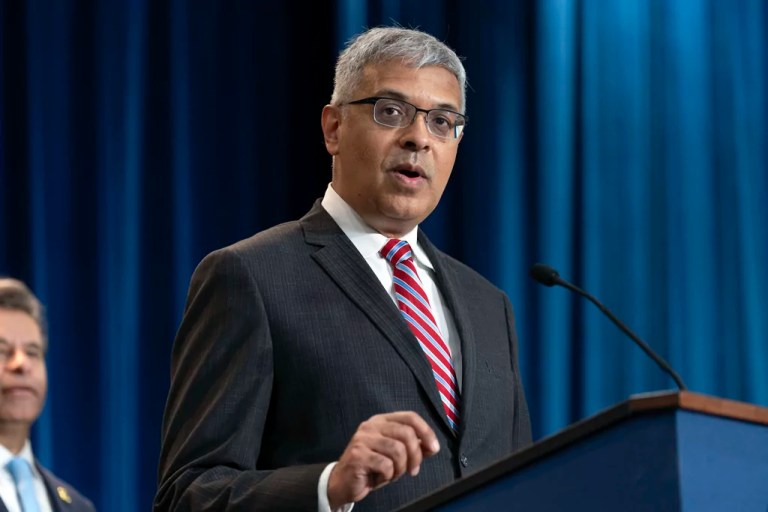 Director of the National Institutes of Health Jay Bhattacharya speaks during a news conference on the FDA's intent to phase out the use of petroleum-based synthetic dyes in the nation's food supply at the Hubert Humphrey Building Auditorium in Washington, Tuesday, April 22, 2025.