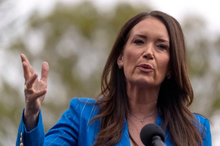 Agriculture Secretary Brooke Rollins speaks with reporters outside the White House, Thursday, April 10, 2025
