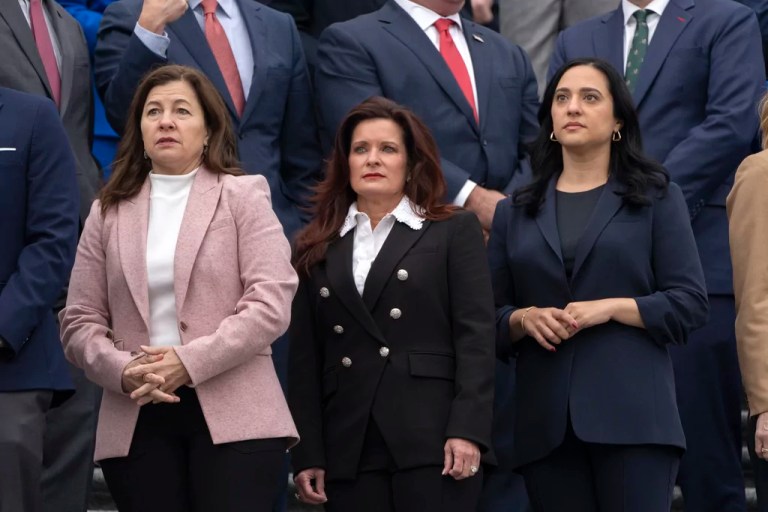 FILE - Rep.-elect Kirsten McDonald Rivet, D-Mich., left, Rep.-elect Sheri Biggs, R-S.C., center, and Rep.-elect Yassamin Ansari, D-Ariz., right, stand as newly-elected House members gather for a freshman class photo on the Capitol steps, in Washington, Friday, Nov. 15, 2024.