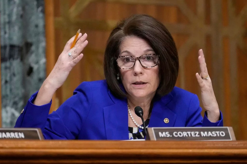 Sen. Catherine Cortez Masto, D-Nev., questions Dr. Mehmet Oz, President Donald Trump's pick to lead the Centers for Medicare and Medicaid Services, at Oz's confirmation hearing before the Senate Finance Committee on Capitol Hill in Washington, Friday, March 14, 2025.