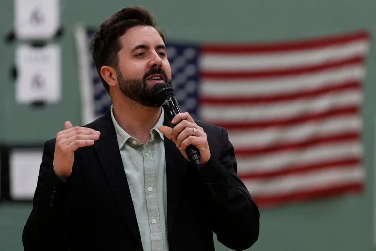 River Church Cincinnati pastor Cory Bowman, who is Vice President JD Vance's half brother and Cincinnati mayoral candidate, preaches during Easter worship service in the Hays Porter Elementary School gym Sunday, April 20, 2025, in Cincinnati.