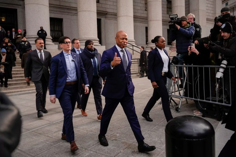 New York City Mayor Eric Adams departs court, Wednesday, Feb. 19, 2025, in New York.